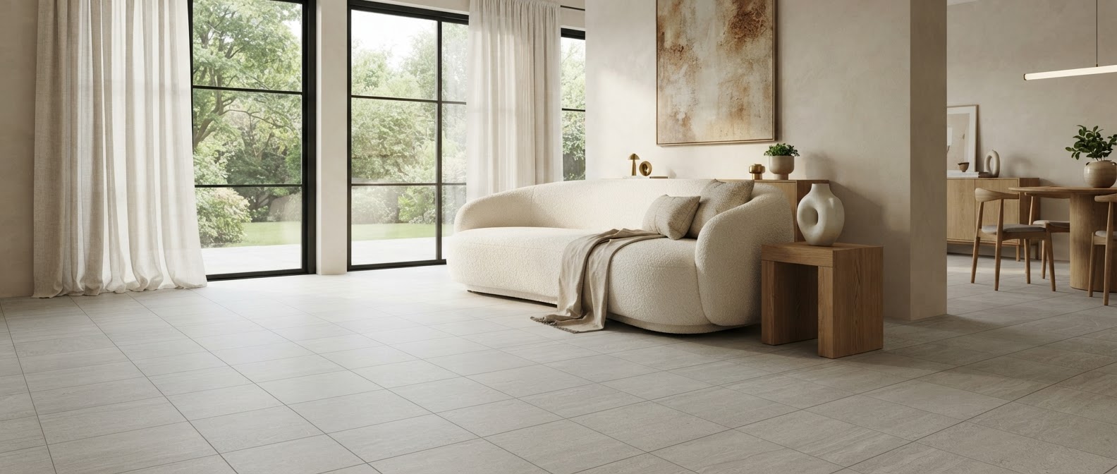 Living room with large-format floor tiles
